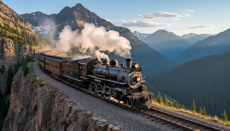 Heritage steam train rounding a mountain curve with dramatic San Juan Mountain peaks in the distance