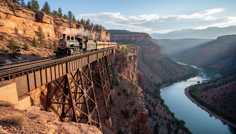 Historic train crossing a bridge over Clear Creek Canyon with mountains and pine forests in the background