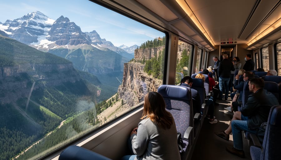 Passengers inside a train car looking out at snowy alpine mountains along a high-elevation route