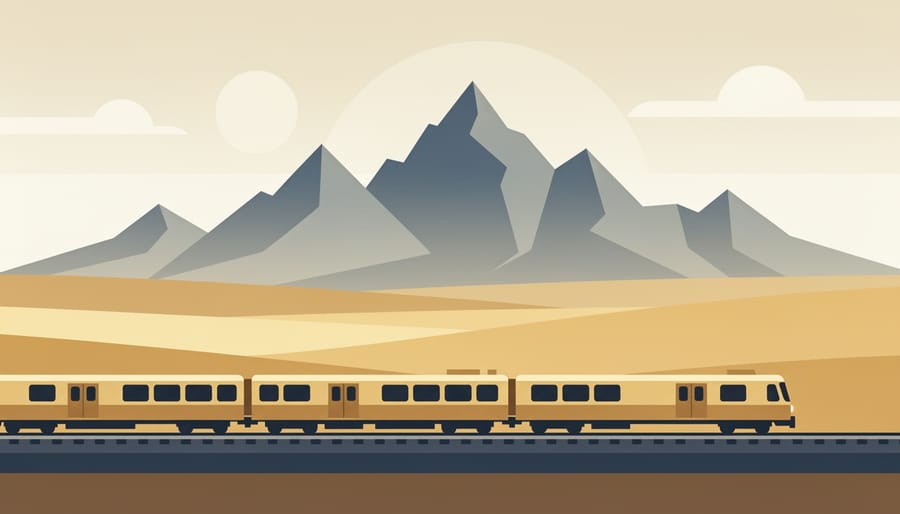 Train track cutting through golden autumn forests with mountains in the distance