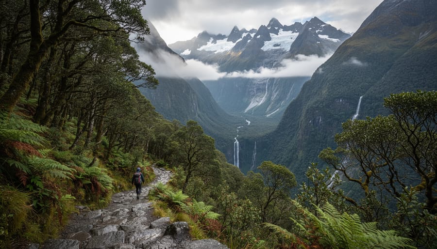 A hiker on a Fiordland track with misty mountains and waterfalls in the distance