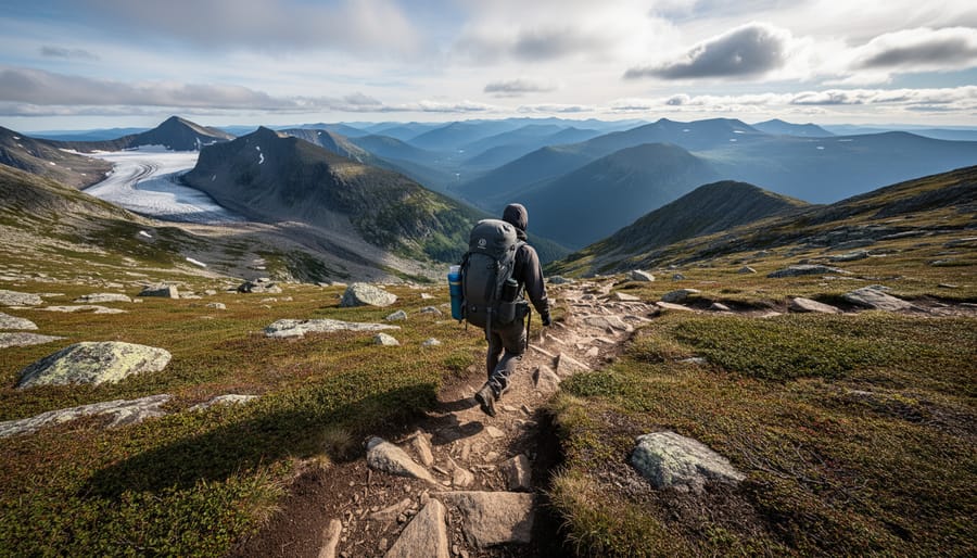 A hiker on an alpine ridgeline along the Long Range Traverse in Gros Morne National Park