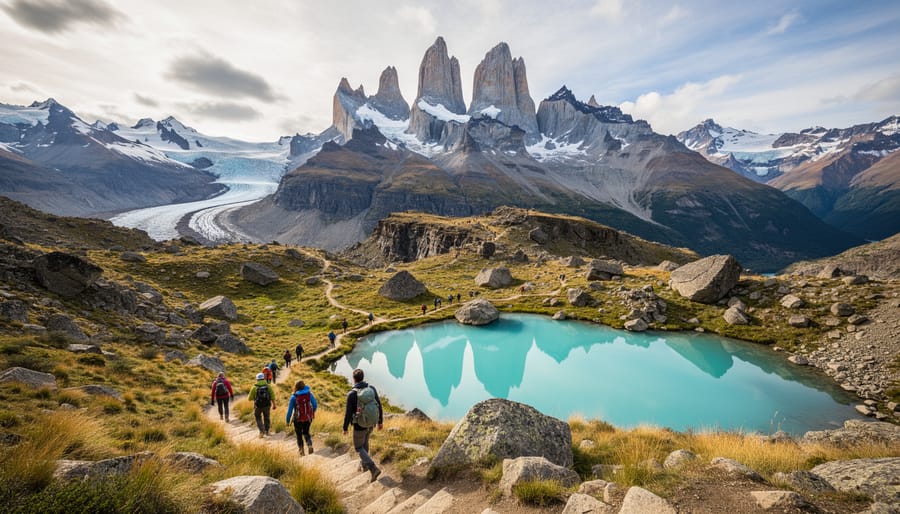 A trekker in Torres del Paine with granite towers and a turquoise glacial lake in view