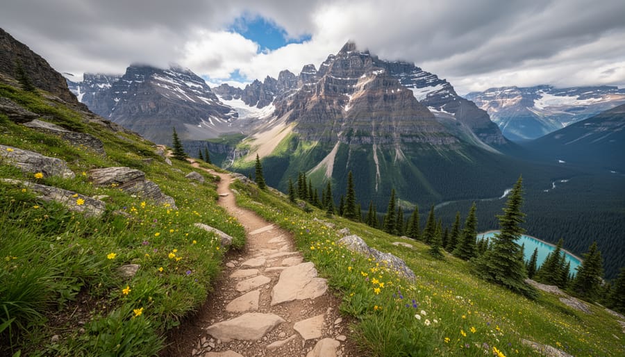 Hikers on a Banff backcountry trail with snow-dusted peaks in the distance