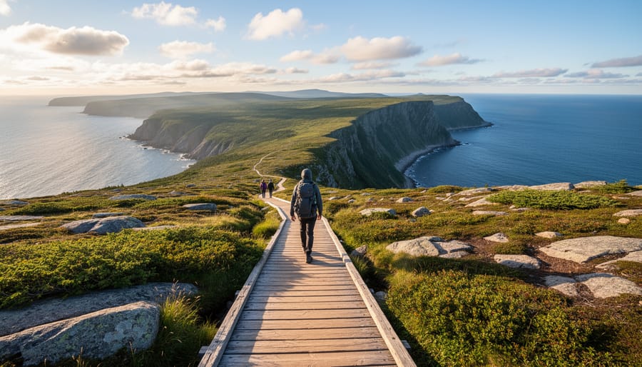 Hikers on the Skyline Trail with panoramic views of Cabot Highlands