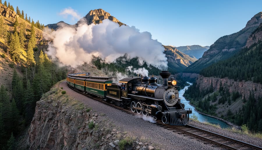 Historic narrow-gauge steam train rounding a mountain curve with evergreen forest and peaks in the background
