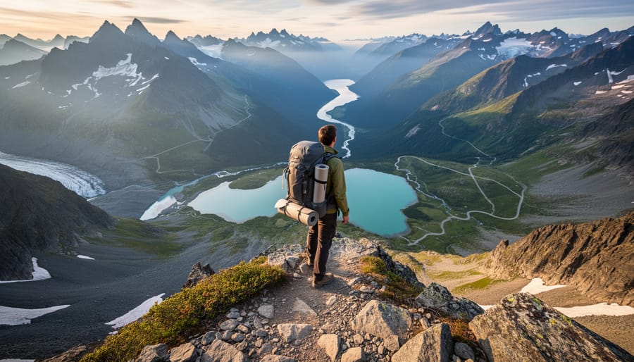 Lone backpacker standing at a high alpine pass overlooking a glacial valley with turquoise water, rugged peaks, and distant backcountry trails.
