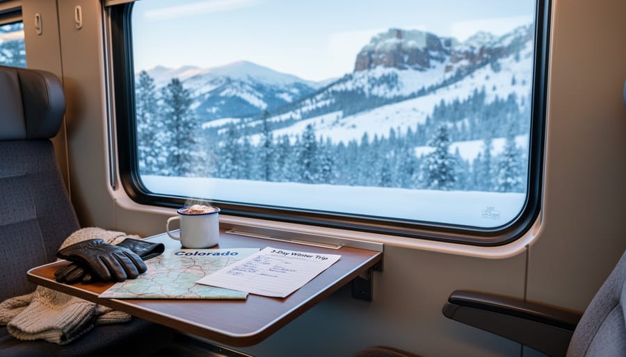 Passengers holding a warm mug inside a snowy train with frosted window and winter forest outside