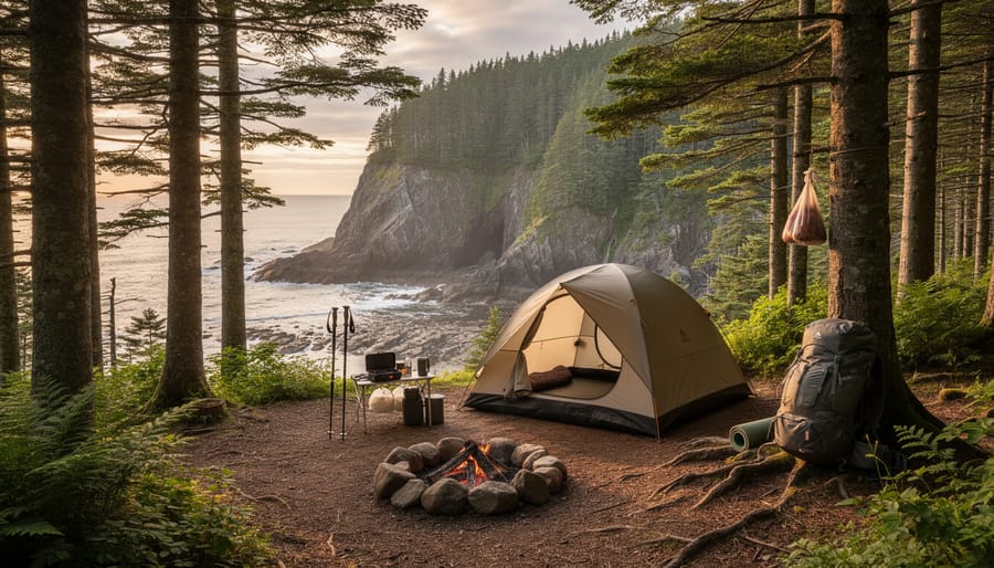Tent pitched near a forest edge on the Fundy Circuit backcountry route