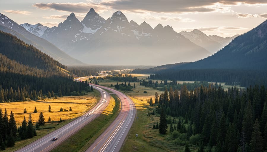 Train stretching through Colorado valley with forests, river, and distant mountain peaks
