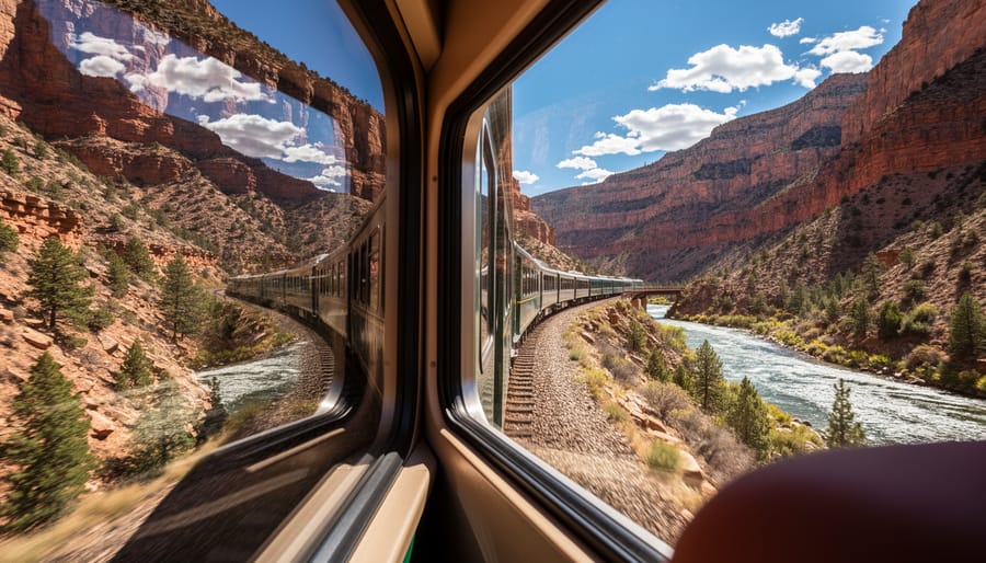 Vintage passenger train traveling along tracks beside a Colorado canyon with mountains in the background