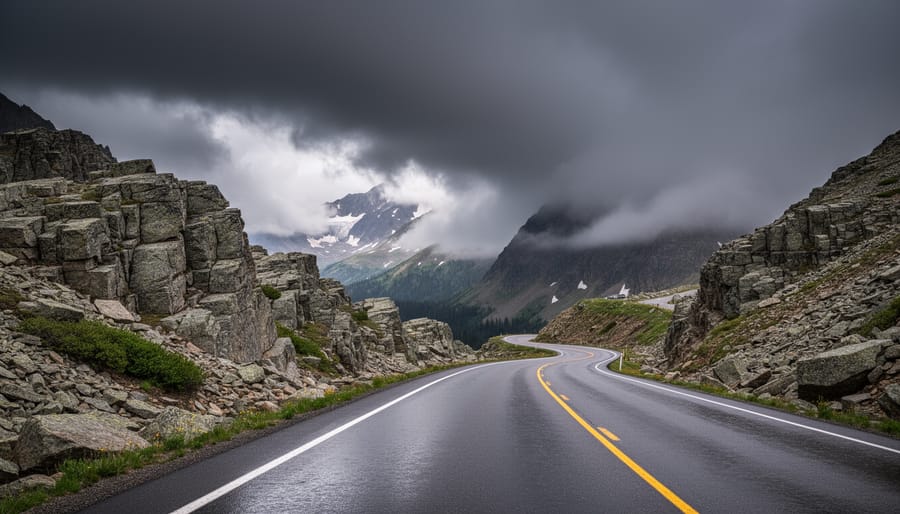 Hiker standing on rocky alpine terrain facing incoming storm clouds