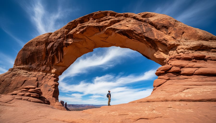 Visitor standing under a large sandstone arch at Arches National Park