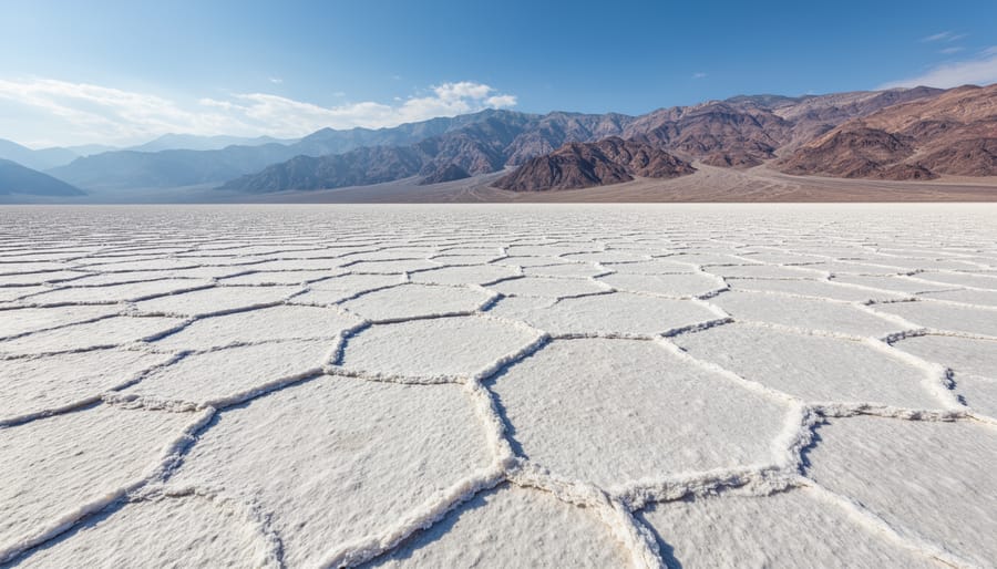 A lone traveler stands on the cracked salt flats of Badwater Basin with distant mountains under a pale blue sky.