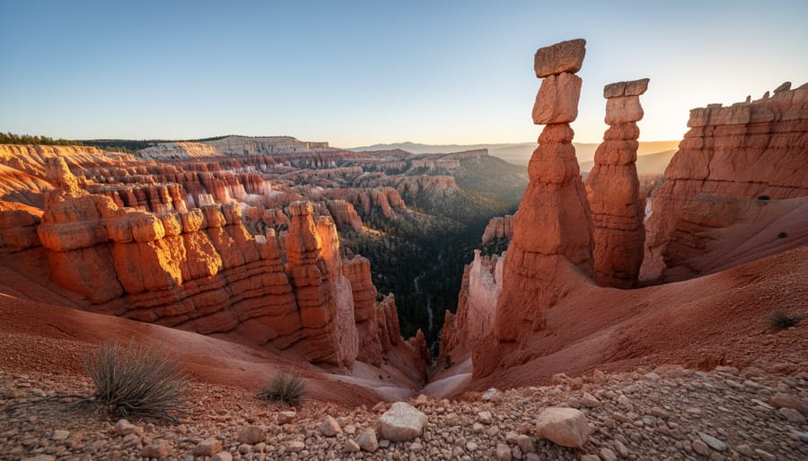 Crimson-orange hoodoos rising from Bryce Canyon’s natural amphitheater under golden hour sunlight.