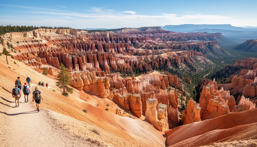 Hikers on a rim trail looking down at Bryce Canyon’s hoodoos