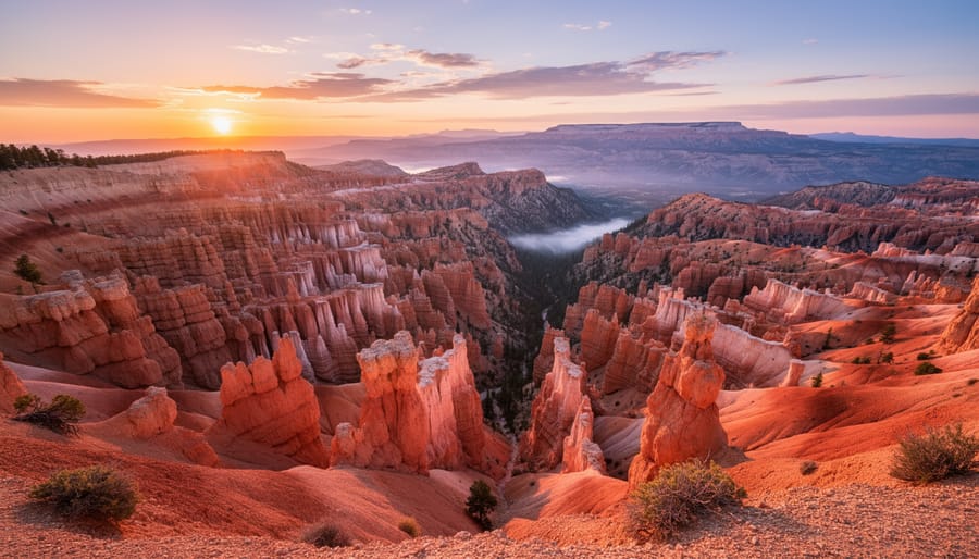 Sunrise lighting over Bryce Canyon’s hoodoos and amphitheater