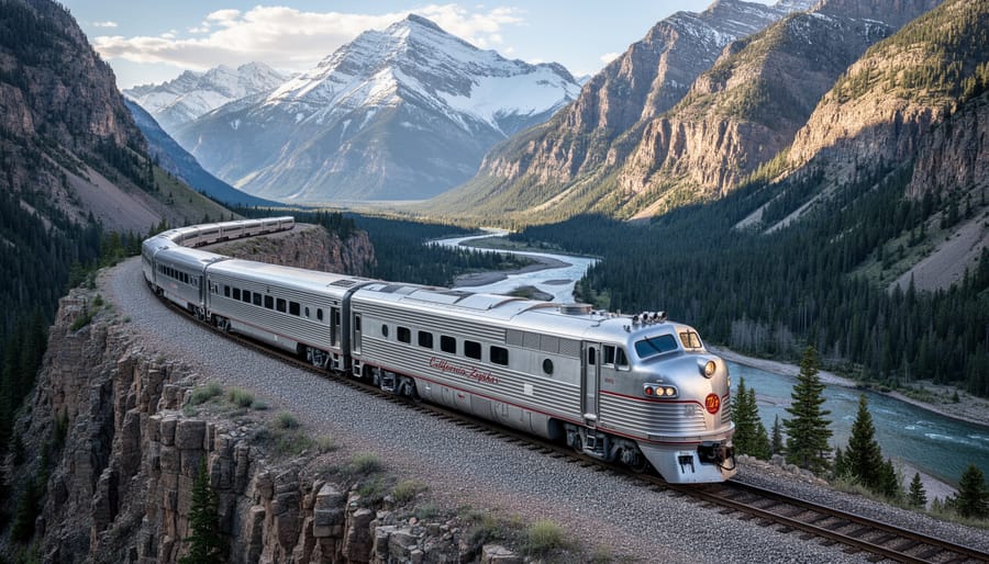 California Zephyr train moving through the Rocky Mountains with golden-hour light.