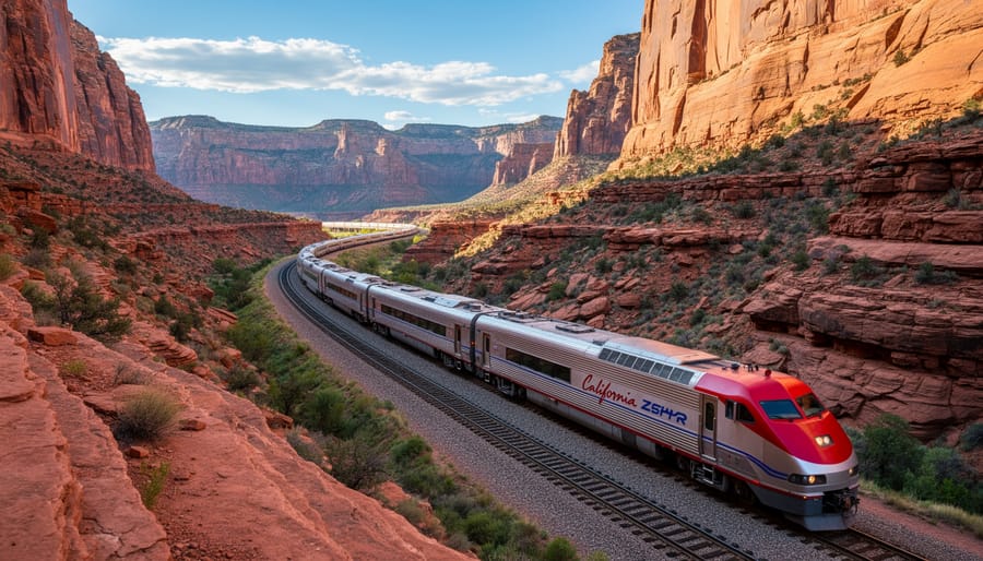 California Zephyr train traveling alongside red rock canyon scenery.
