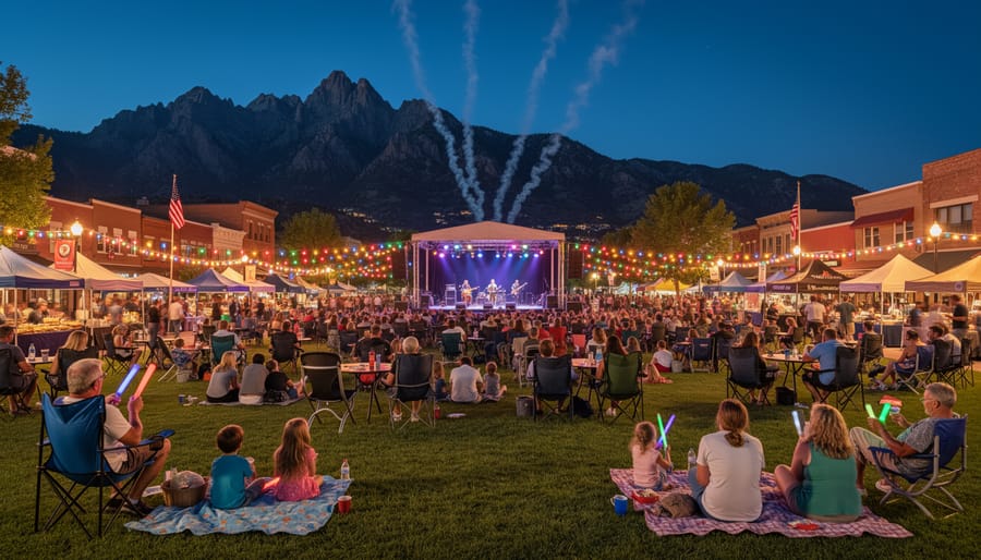 Outdoor evening concert with musicians under string lights at a Colorado 4th of July festival