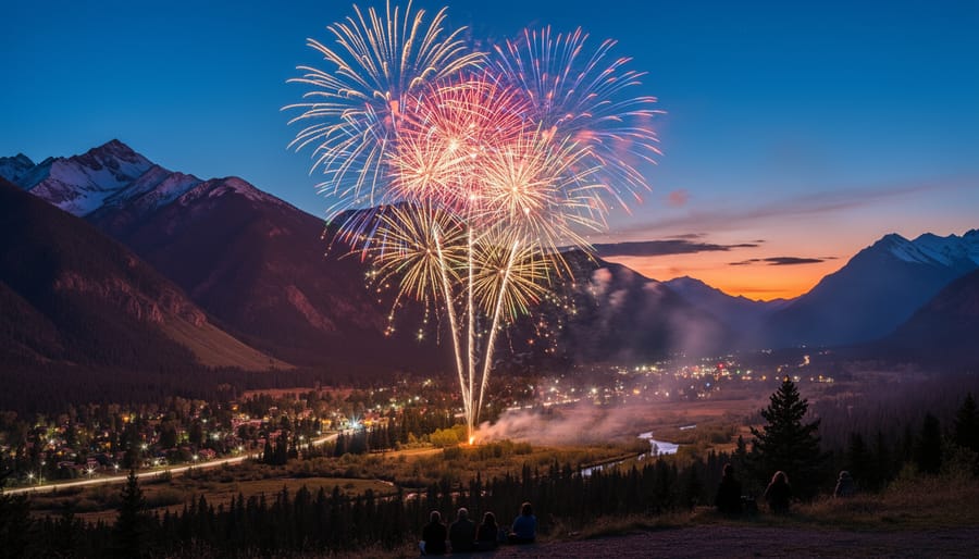 Fireworks lighting up the night sky over Colorado with a crowd silhouette in the foreground