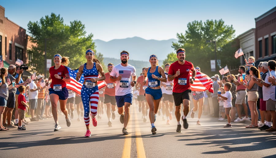 Runners in red, white, and blue at the start of a 4th of July morning race in Colorado with flags in the background