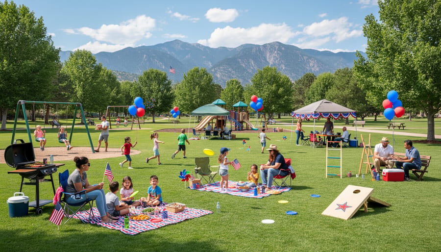 Family members playing with American-themed pinwheels and sidewalk chalk at a Colorado park 4th of July celebration