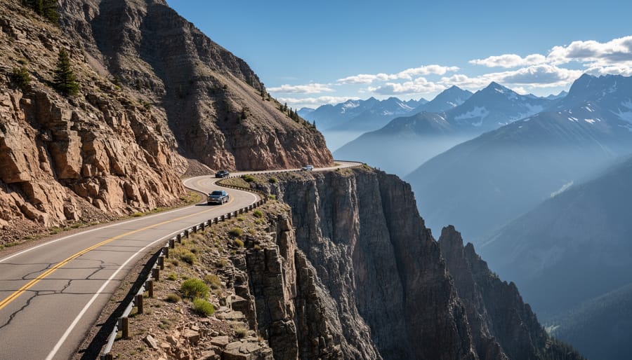 A winding mountain road with an ending guardrail and a steep drop-off under an overcast sky