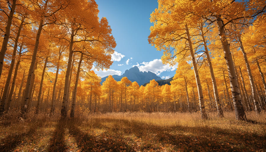 Golden aspens along a mountain road in Colorado during fall color season