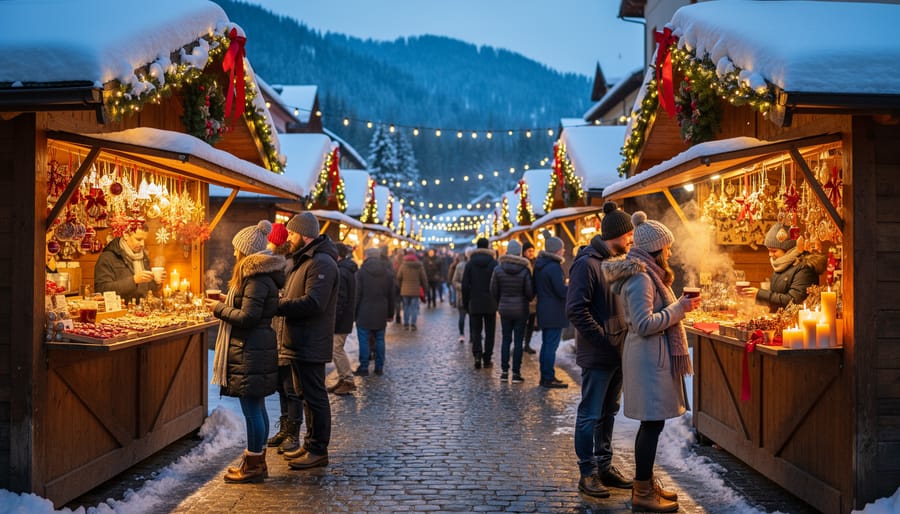 Warm-lit holiday market stalls in a snowy Colorado mountain town