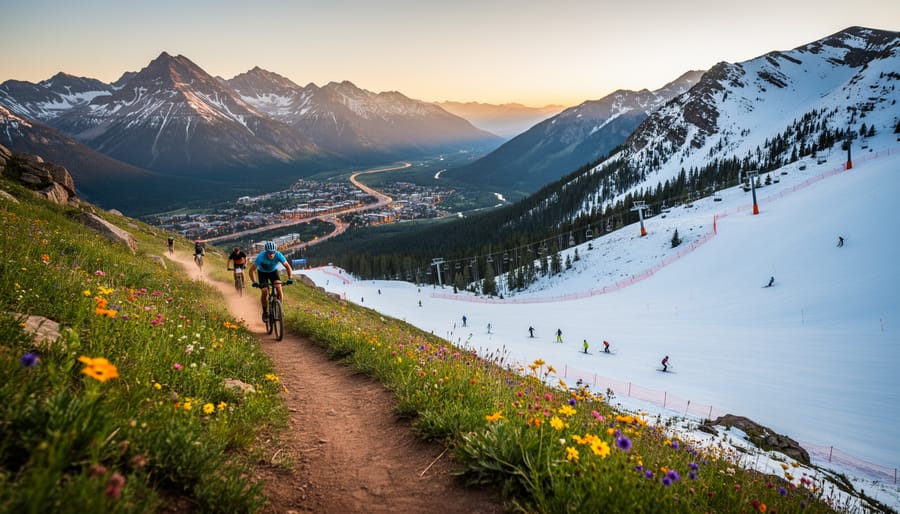 Wide mountain landscape in Colorado showing summer wildflowers and outdoor activity blending into a snow-dusted ski slope with distant alpine town lights.