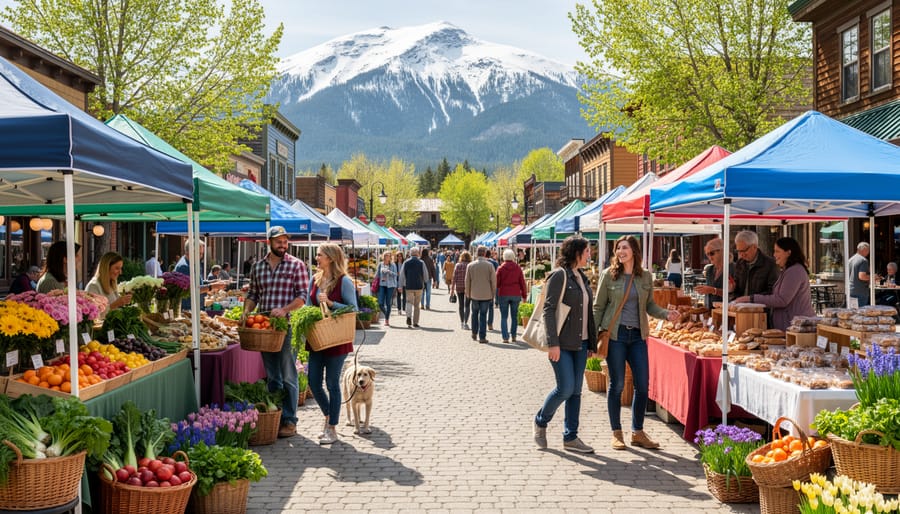 People browsing a Colorado farmers market with fresh produce and mountain scenery in the background