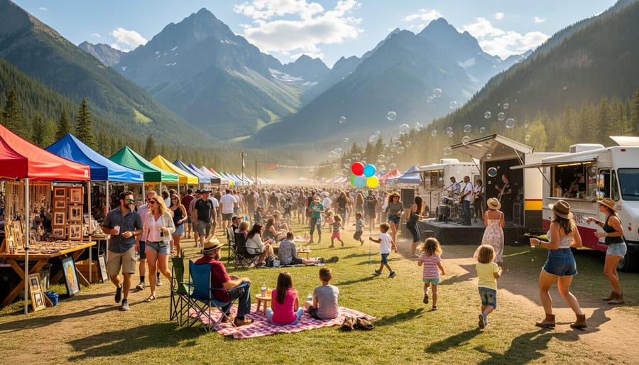 Concert audience watching a music stage in a Colorado mountain amphitheater at sunset