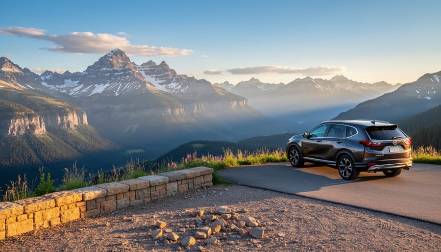 Rugged SUV parked at a mountain overlook with winding road and distant peaks during golden hour