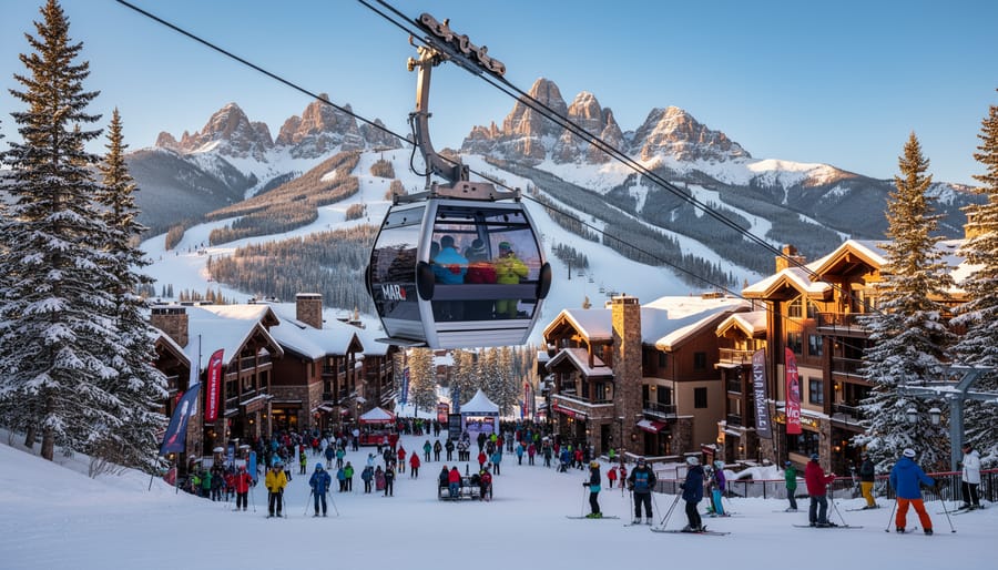 A gondola car carrying skiers over fresh snow in the Colorado mountains