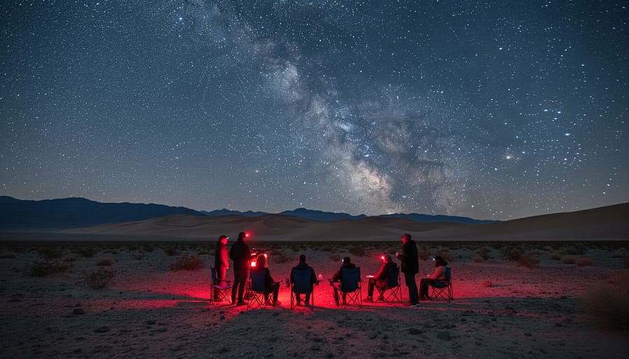 Stargazers sit on a blanket at night with a tripod aimed upward, while the desert horizon and stars fill the background.