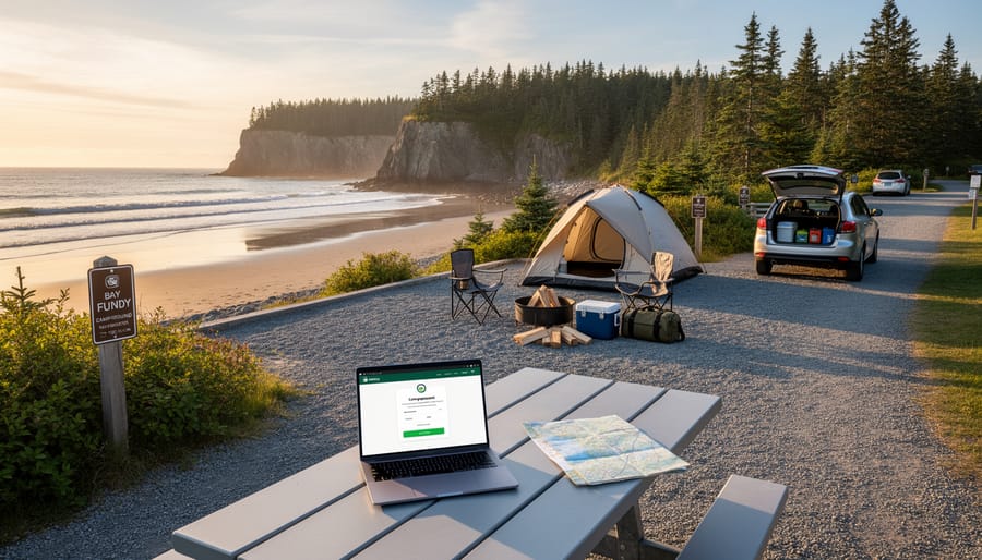 Family setting up a tent at a Fundy National Park coastal campground with the Bay of Fundy visible in the distance