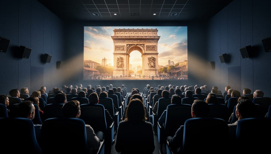 Audience seated inside a theater watching a documentary projection