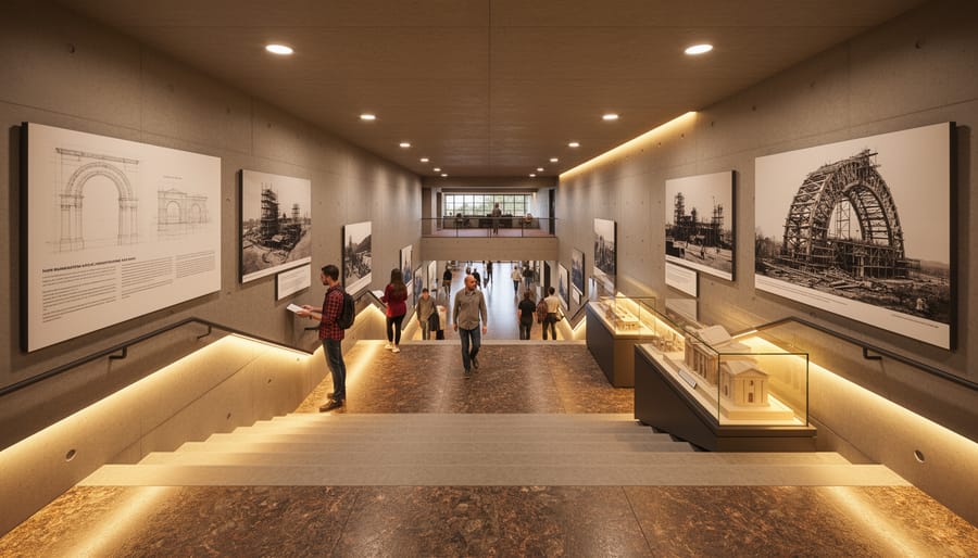 Underground Gateway Arch museum entrance with warm interior lighting and curved architectural features