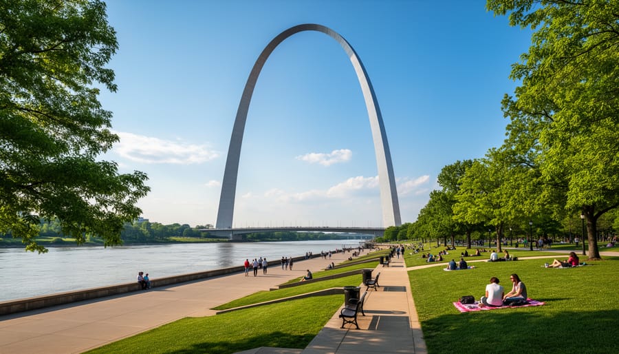 Gateway Arch towering over the Mississippi Riverfront walkway with pedestrians in the foreground