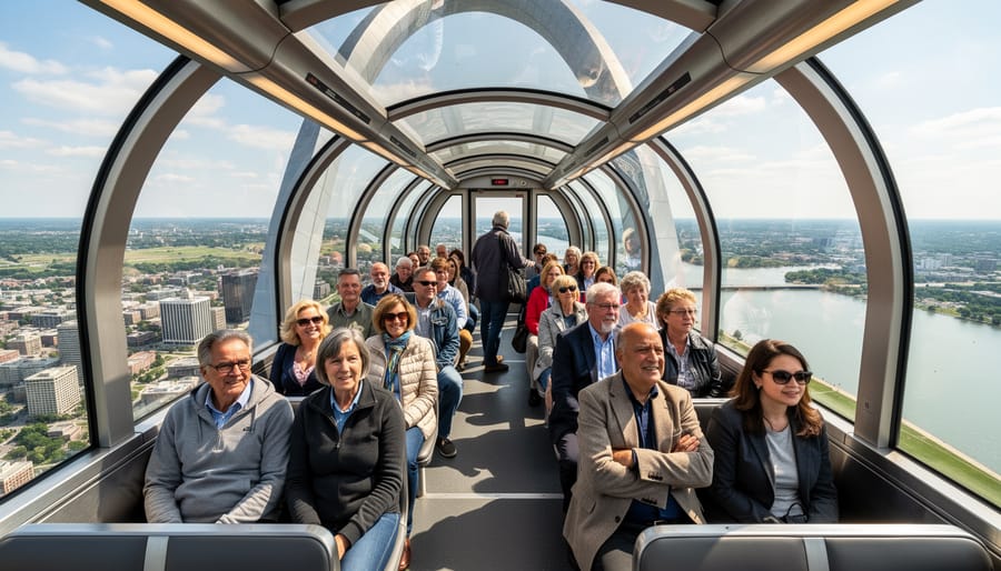 Visitors inside a Gateway Arch tram pod looking upward through the glass during the ride