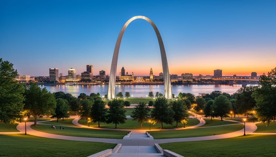 Gateway Arch at twilight with the riverfront walkway and evening sky