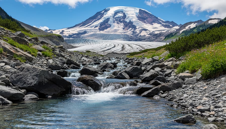 Rushing glacier-fed stream with icy water and rocky banks