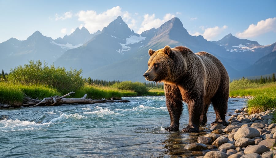 Grizzly bear near a river with Glacier National Park mountains behind