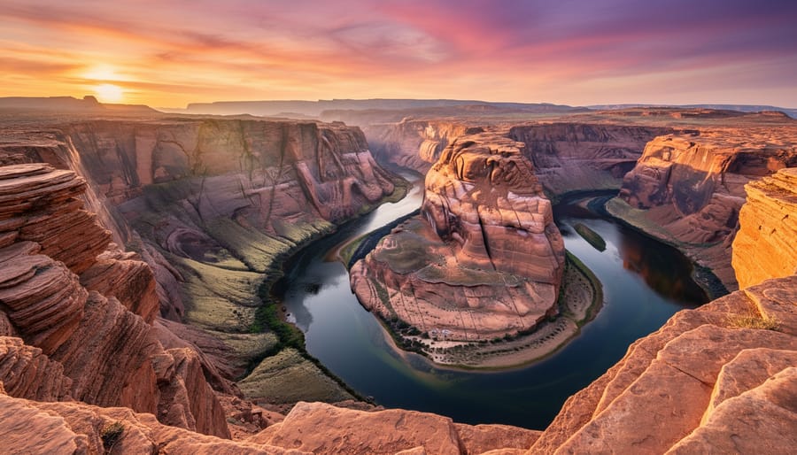 Grand Canyon landscape with layered rock strata and sunset light