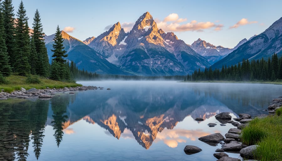 Grand Teton peaks reflected in an alpine lake