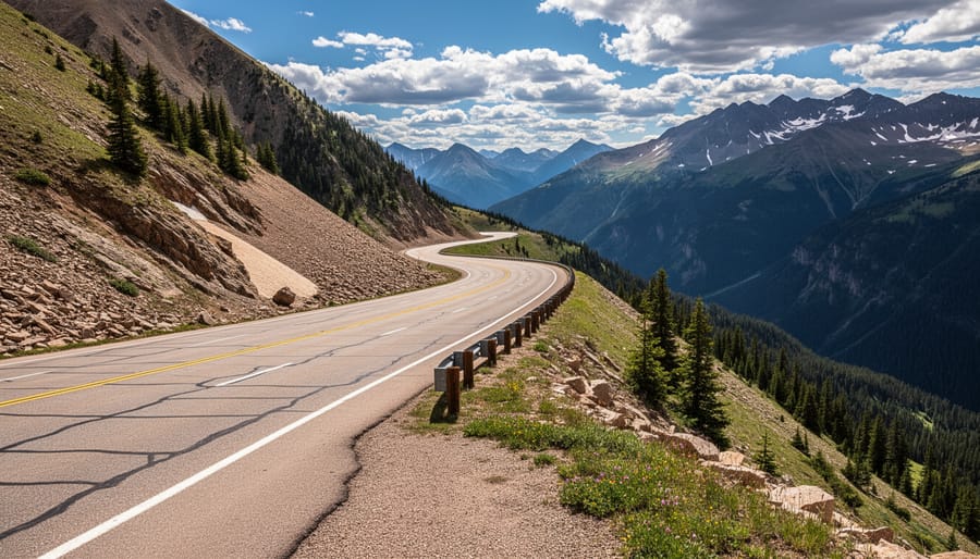 Wide view of a mountain road climbing in Colorado toward Hoosier Pass with dramatic peaks in the distance.