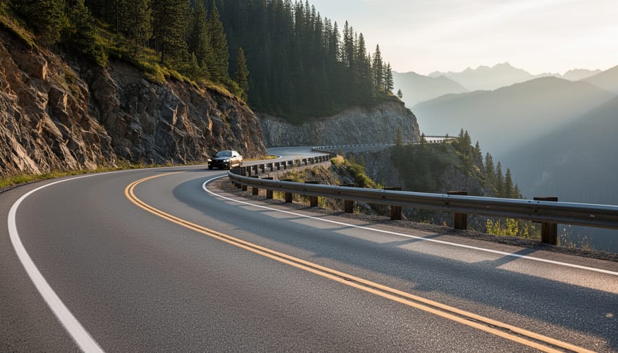 A 4x4 vehicle on a narrow, winding mountain road segment of Highway 9 with steep drop-offs implied.