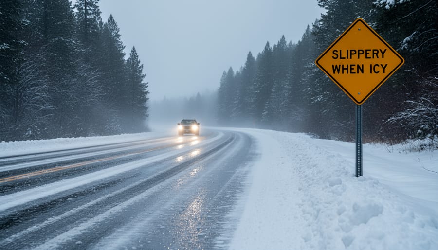 Winter view of a mountain road on Highway 9 with snow falling and icy glare on the pavement.
