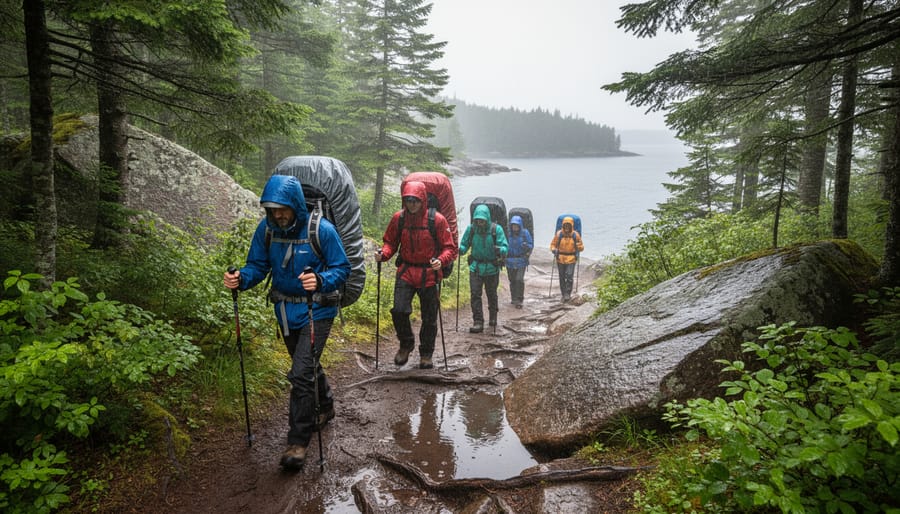 Hikers in waterproof clothing walking a forest path on Isle Royale with a canoe